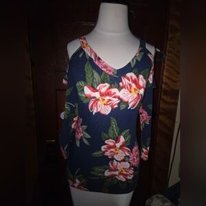 Alter Ego Elegant Floral Cold Shoulder Blouse - Navy and Pink